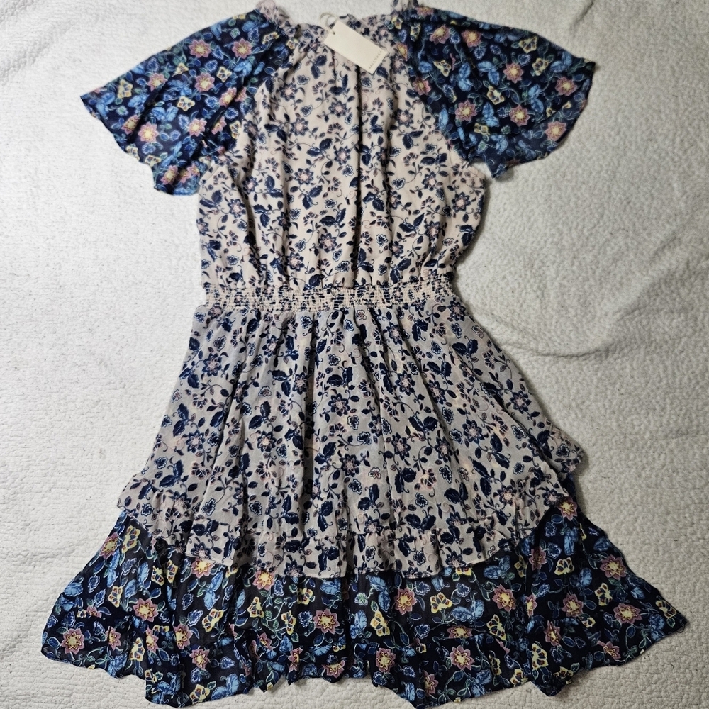 Melloday short sleeve ruffled Floral Print Mini Dress W/ Pockets Size Large NWT